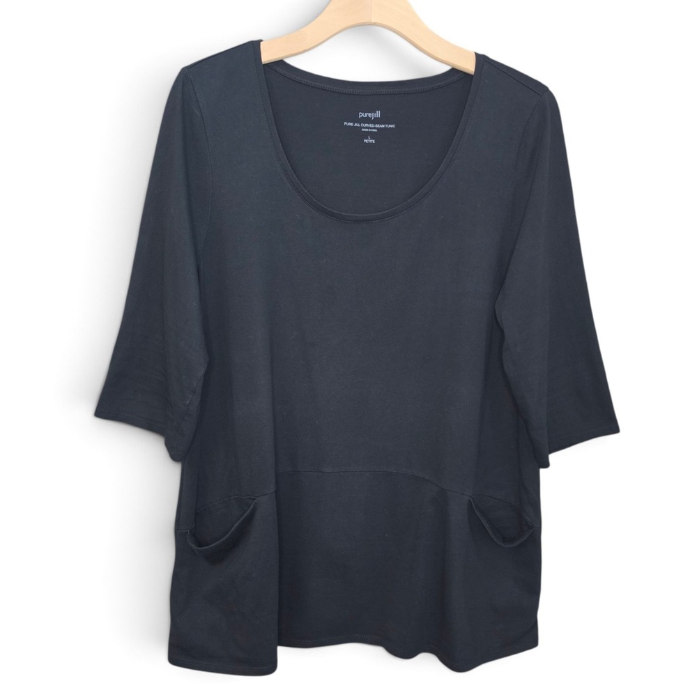 J Jill Pure Jill Top Womens Large Petite Curved Seam Tunic Shirt Black Pockets